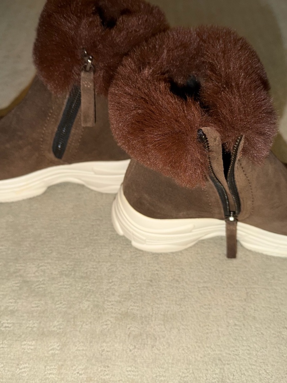 Brown Faux Fur Suede Ankle Booties with White Athletic Sole - Picture 2 of 6
